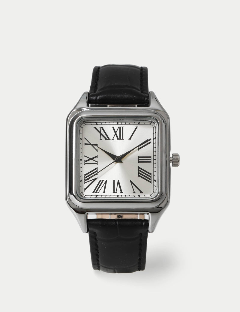 Watch silver square leather strap, imported from the UK
