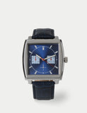 Navy red square watch with leather buckle fastening, UK version