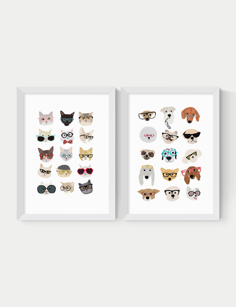 East End Prints cats and dogs in glasses framed art twin set - British product