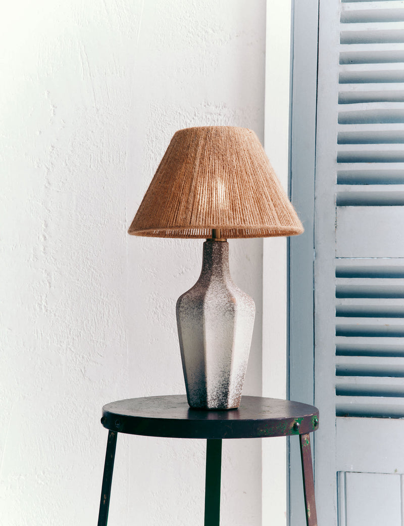 Rechargeable table lamp with ceramic base and jute shade, imported from the UK
