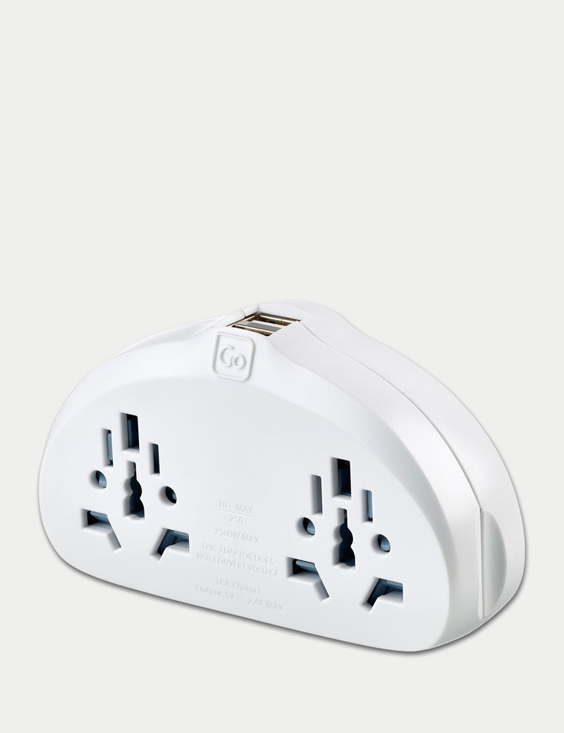 Travel adapter with twin sockets and USB ports for European use (British brand)
