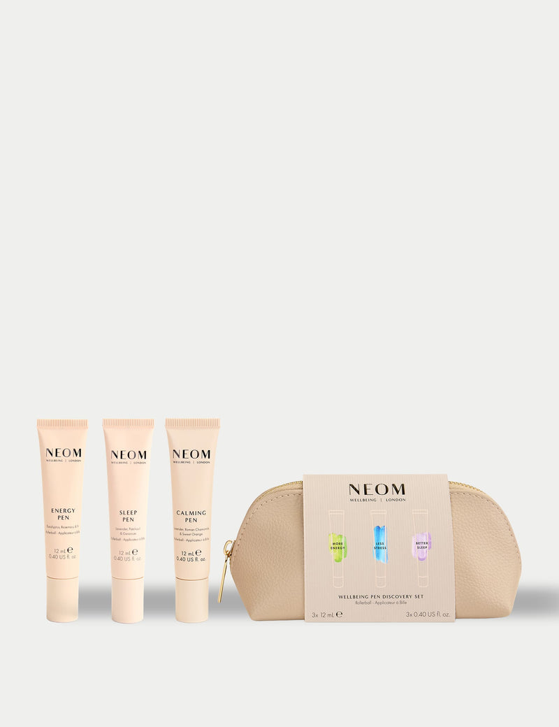 NEOM Wellbeing Pen Discovery Set three 12ml aromatherapy pens, imported from the UK
