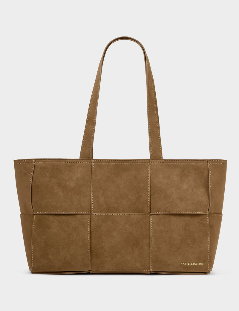 Katie Loxton faux suede woven panel tote bag, imported from the UK