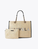 Carvela raffia beaded tote bag with gold-tone chain and pouch (British brand)