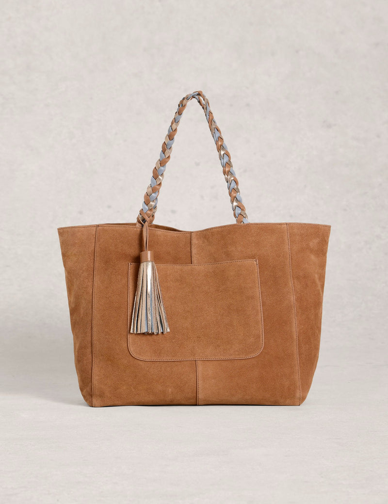 White Stuff leather tassel tote bag, plaited handles - British product