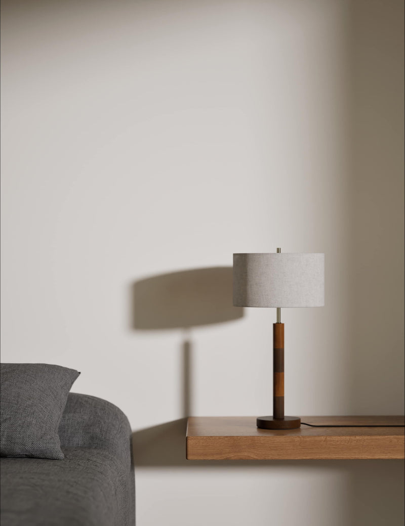 Marlowe table lamp two-tone wood column fabric shade - British product