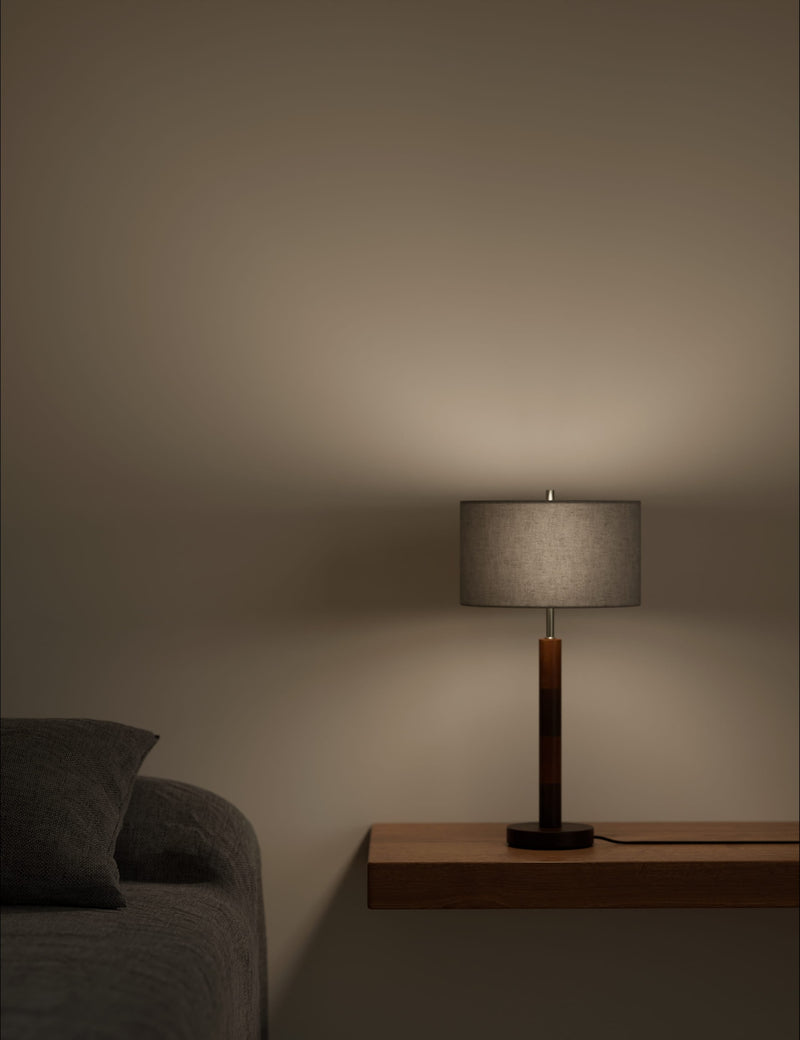 Marlowe table lamp two-tone wood column fabric shade - British product