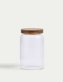 Medium ribbed glass storage jar with wooden lid, 16cm tall, imported from the UK
