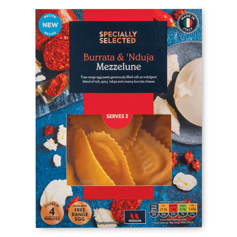 Fresh mezzelune pasta with prosciutto and ricotta filling, imported from the UK