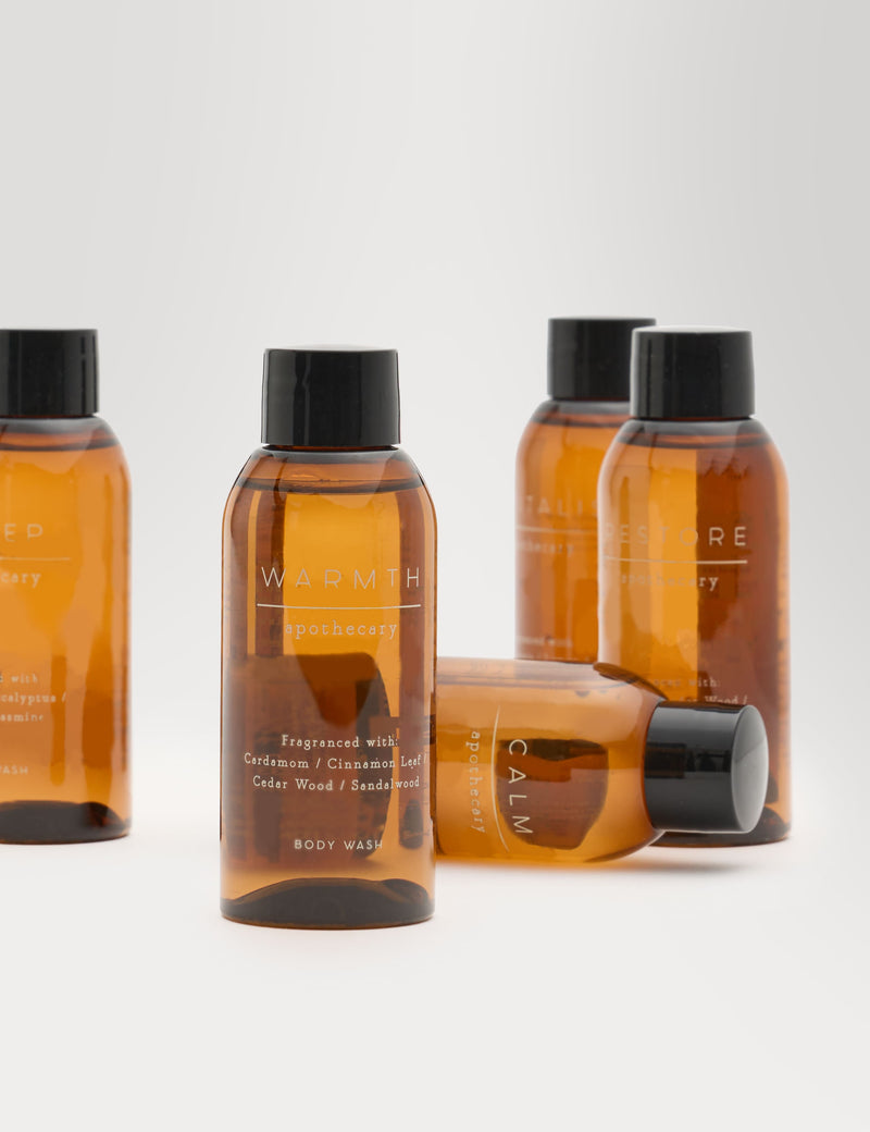 Mini Body Wash Collection with Sleep, Calm, Restore, Revitalise, and Warmth scents, imported from the UK