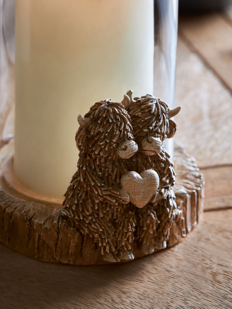 Hurricane candle holder featuring Hamish the Highland Cow, imported from the UK