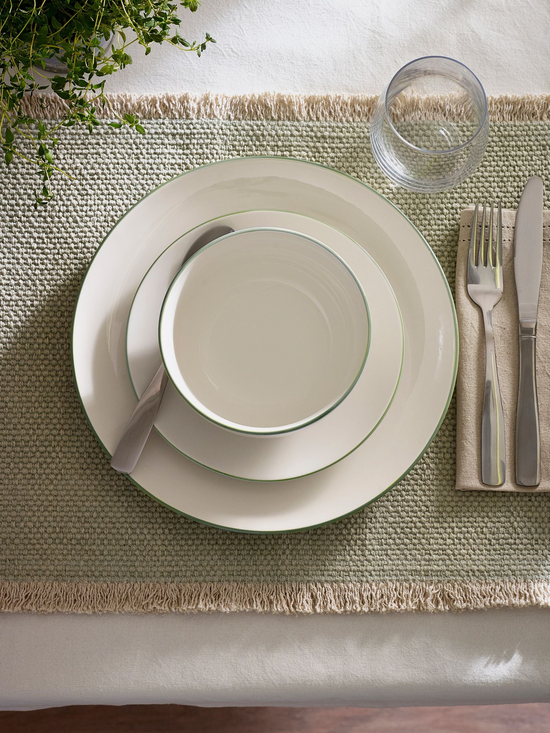 12 Piece Sage Green Rim Dinner Set