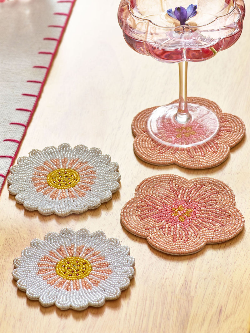 Pink floral beaded coasters set of 4 10cm x 10cm (British brand)