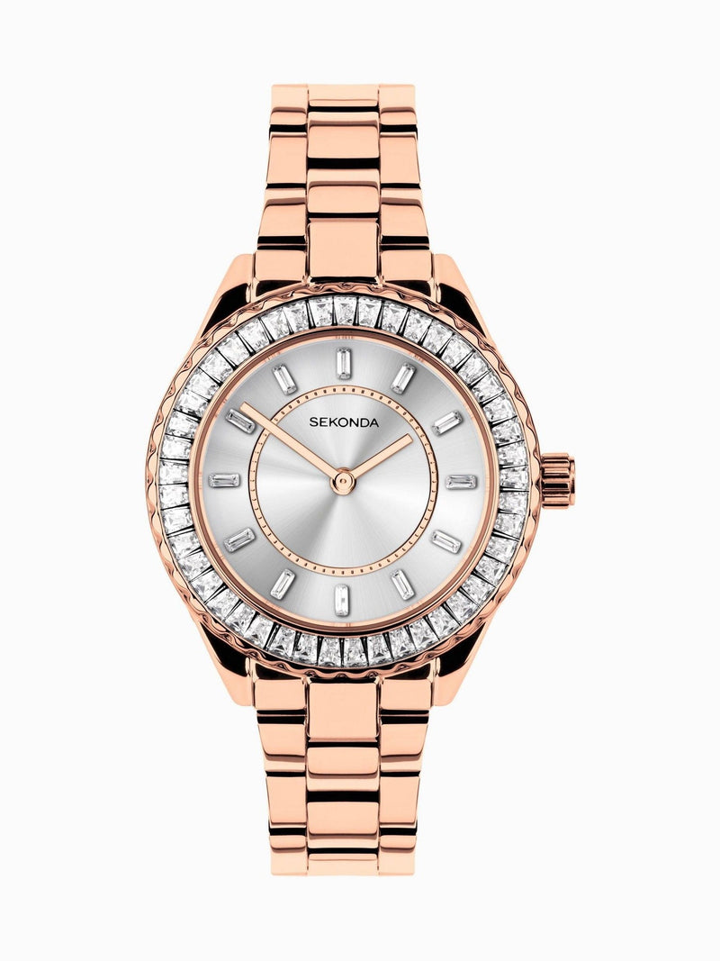 Ladies 34mm Gold-Tone Watch with Stainless Steel Bracelet and Stone-Set Dial