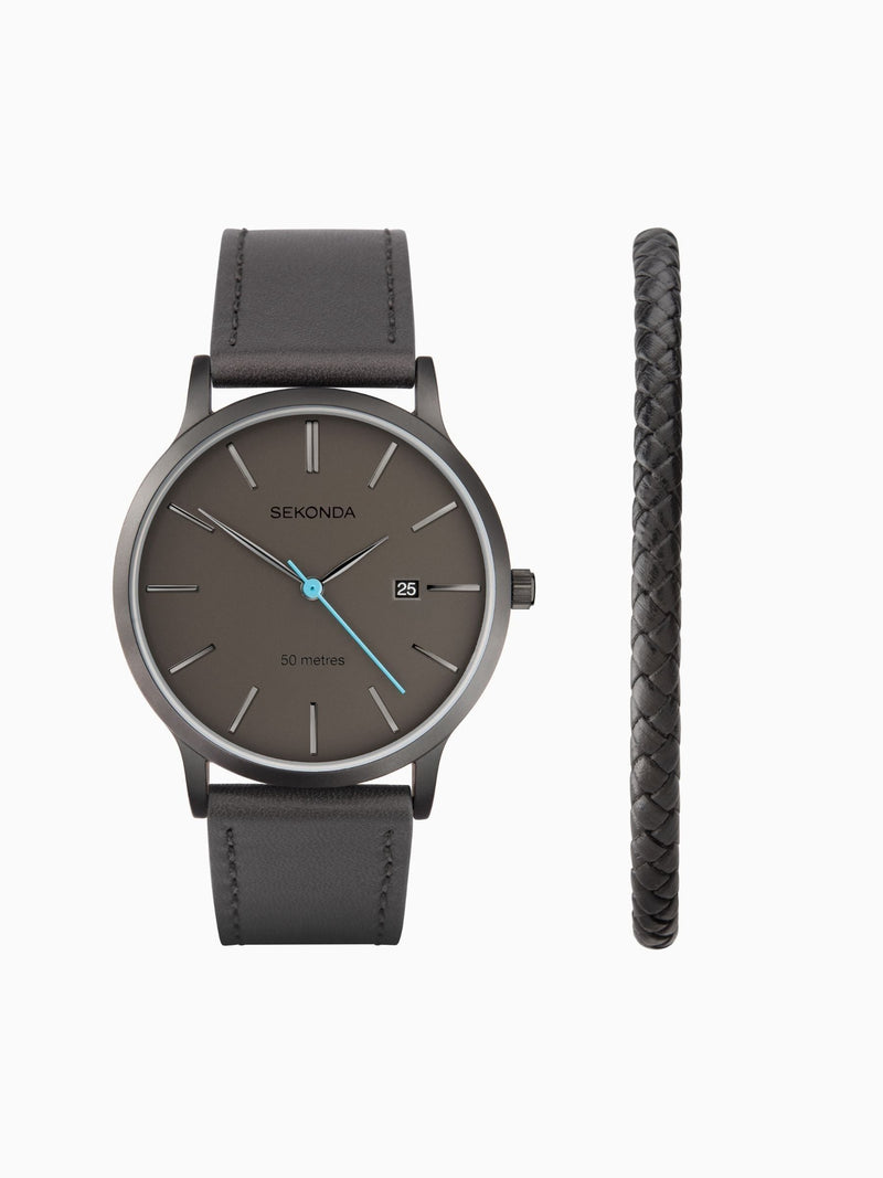 Sekonda Grey Bergen watch gift set with grey dial and leather strap (British brand)