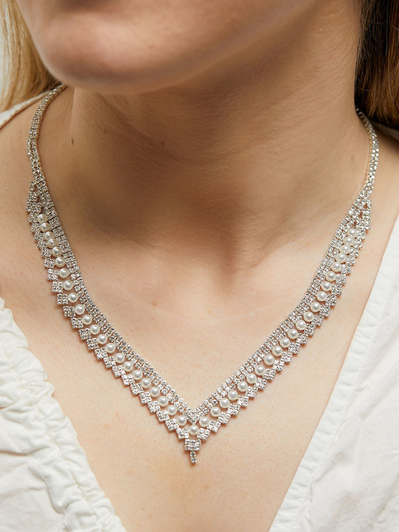 Jon Richard silver pearl crystal V necklace 16'' chain with 3'' extender, UK version
