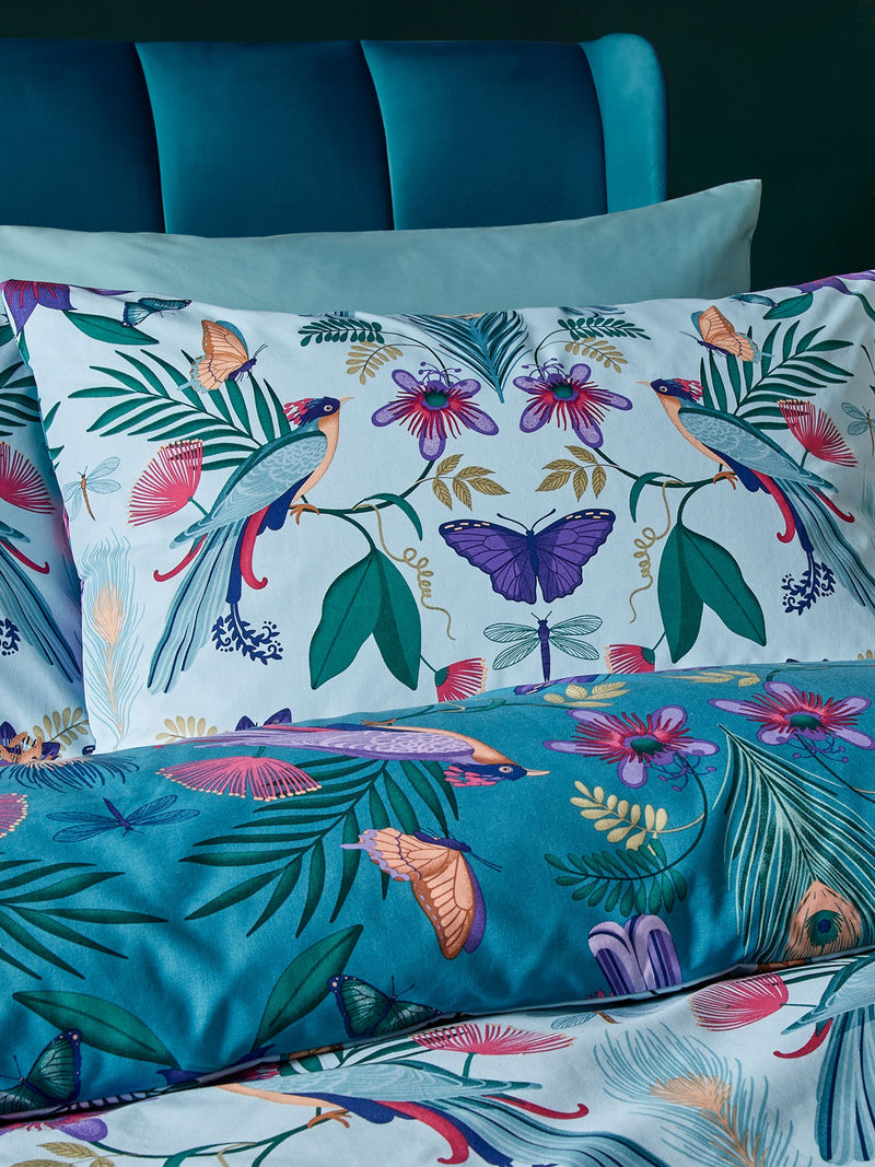 Catherine Lansfield teal blue Mya tropical floral reversible duvet cover set - British product