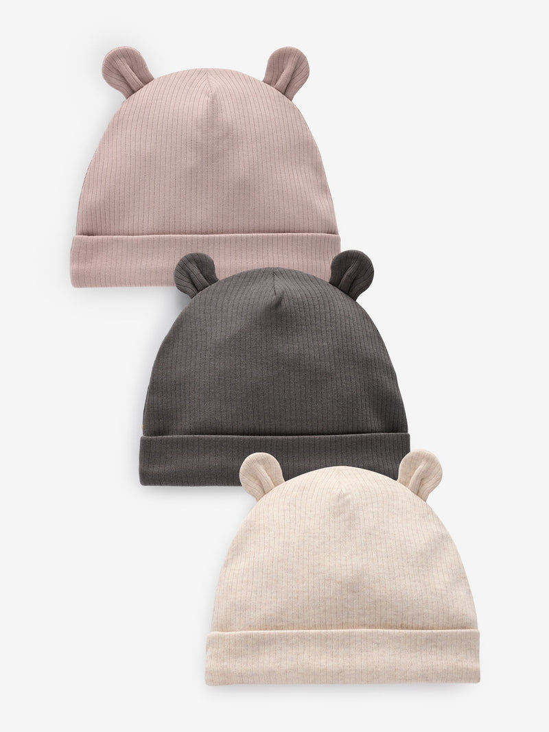 Baby beanies 3 pack neutral brown 0-18 months, imported from the UK