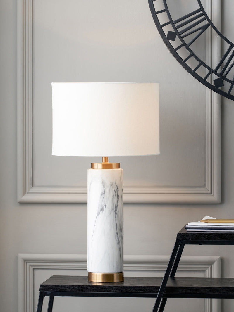 Pacific white Carrara marble effect ceramic tall table lamp, imported from the UK