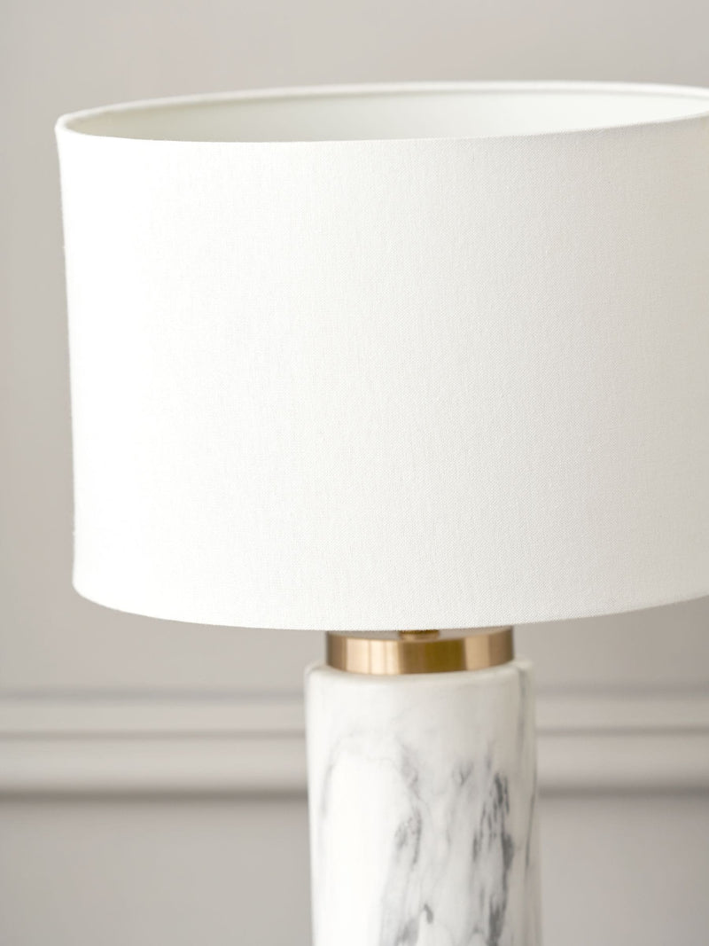 Pacific white Carrara marble effect ceramic tall table lamp, imported from the UK