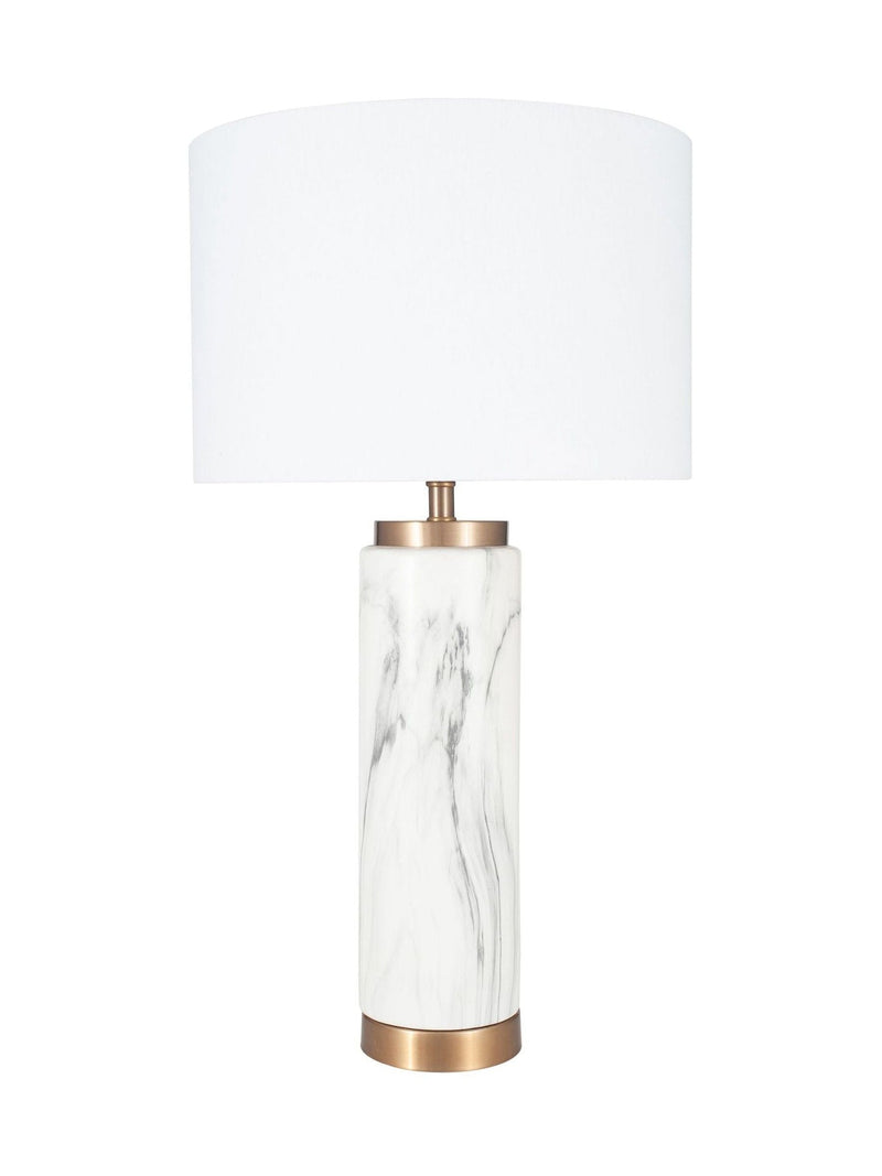Pacific white Carrara marble effect ceramic tall table lamp, imported from the UK