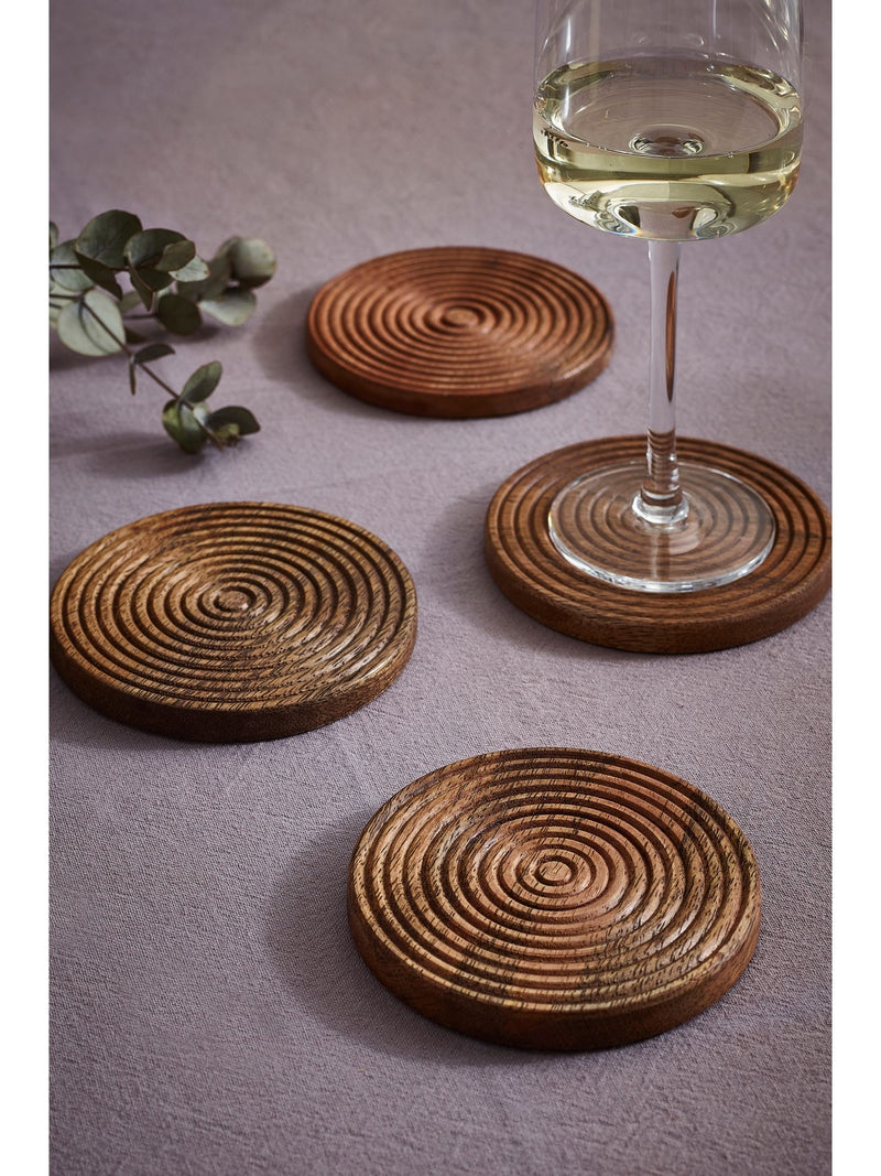 Set of 4 Natural Bronx etched wooden coasters, 10cm round (British brand)