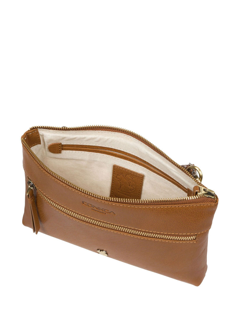 Conkca London dark tan Minnow leather cross-body clutch bag, UK version