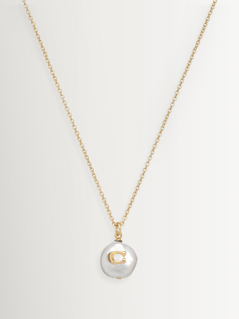 COACH Gold Tone Signature Coin Pearl Pendant Necklace - British product