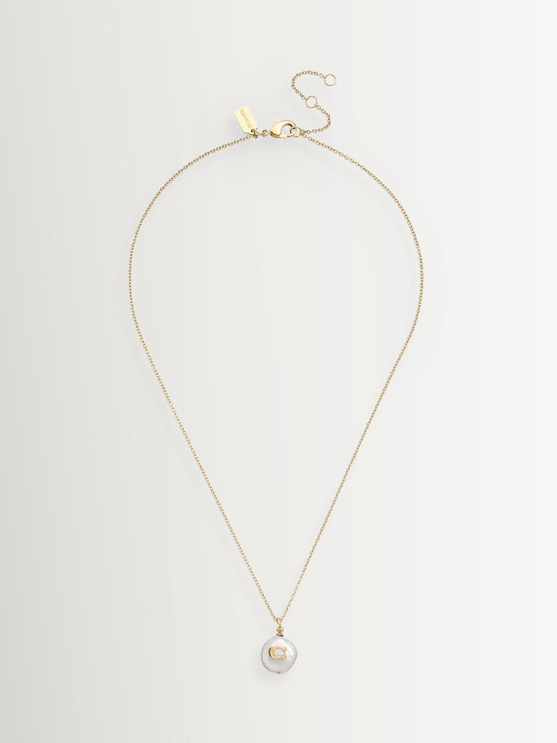 COACH Gold Tone Signature Coin Pearl Pendant Necklace - British product