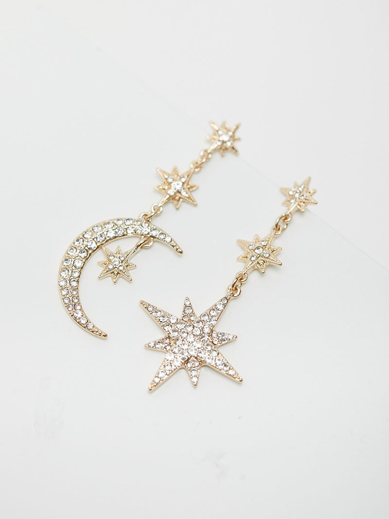Mood gold tone stars and moon drop earrings, imported from the UK