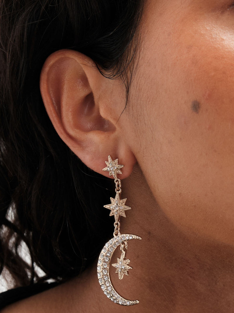 Mood gold tone stars and moon drop earrings, imported from the UK