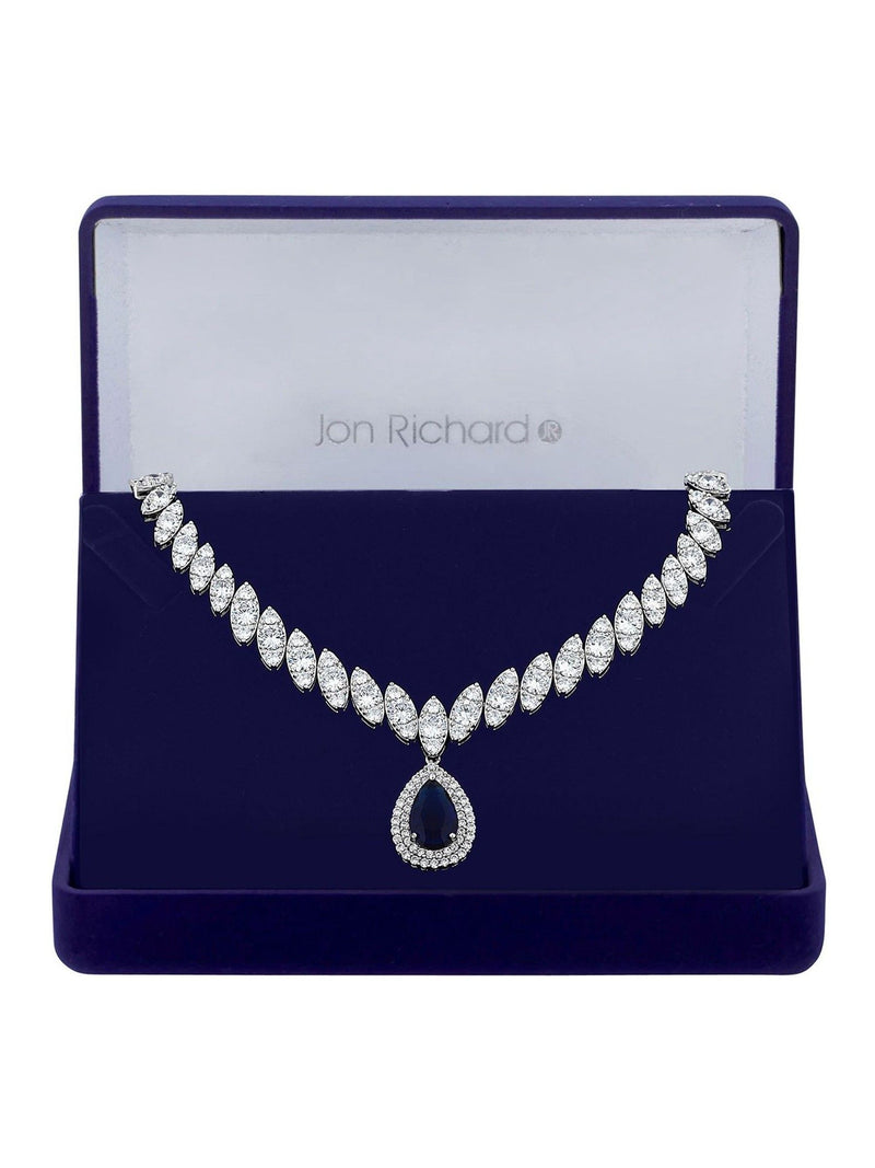 Jon Richard blue rhodium plated cubic zirconia statement necklace, UK version