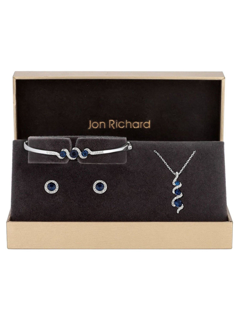 Jon Richard Silver Tone Sapphire And Crystal Twist Drop Trio Gift Boxed Set