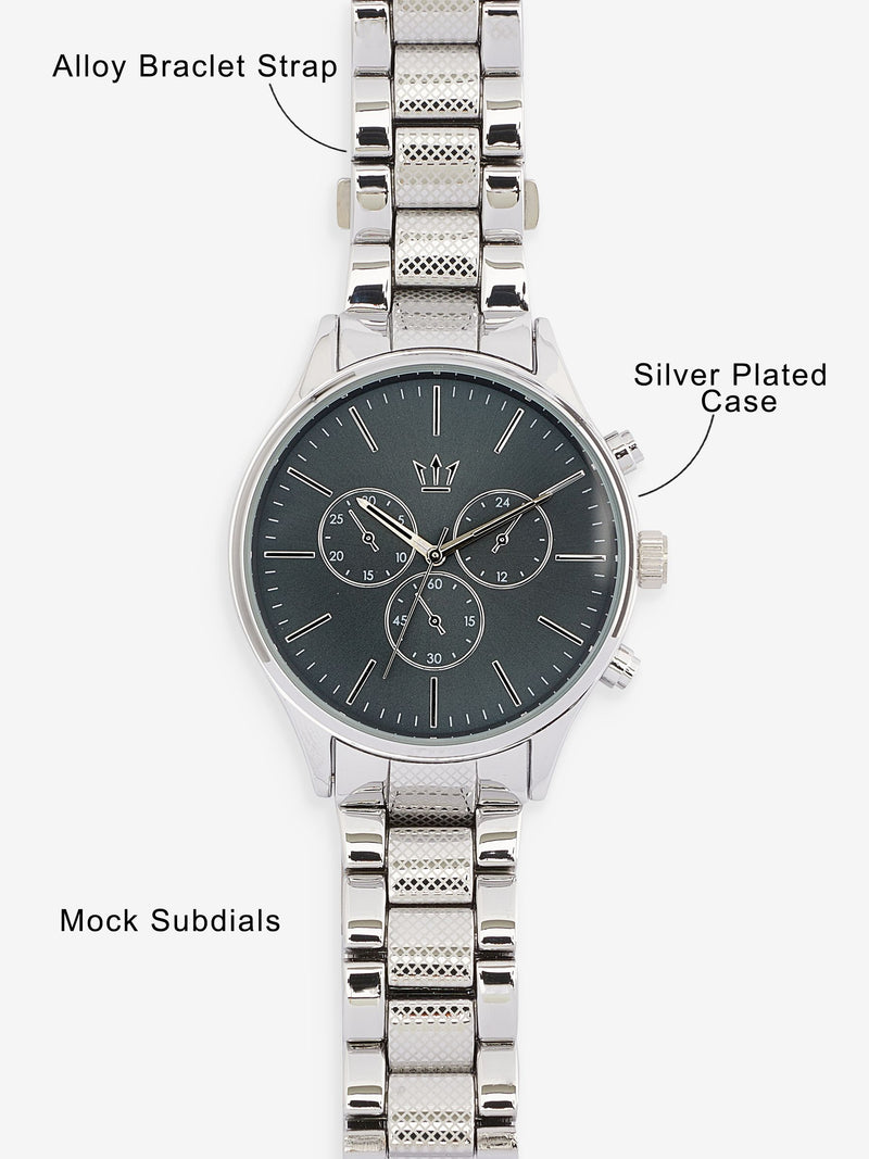 Silver tone watch with mock sub-dials and diamante, imported from the UK