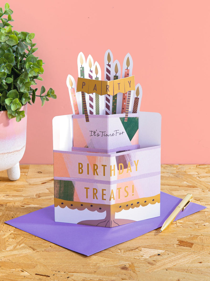 Hallmark gold birthday card 3D pop up cake and candles design, UK version