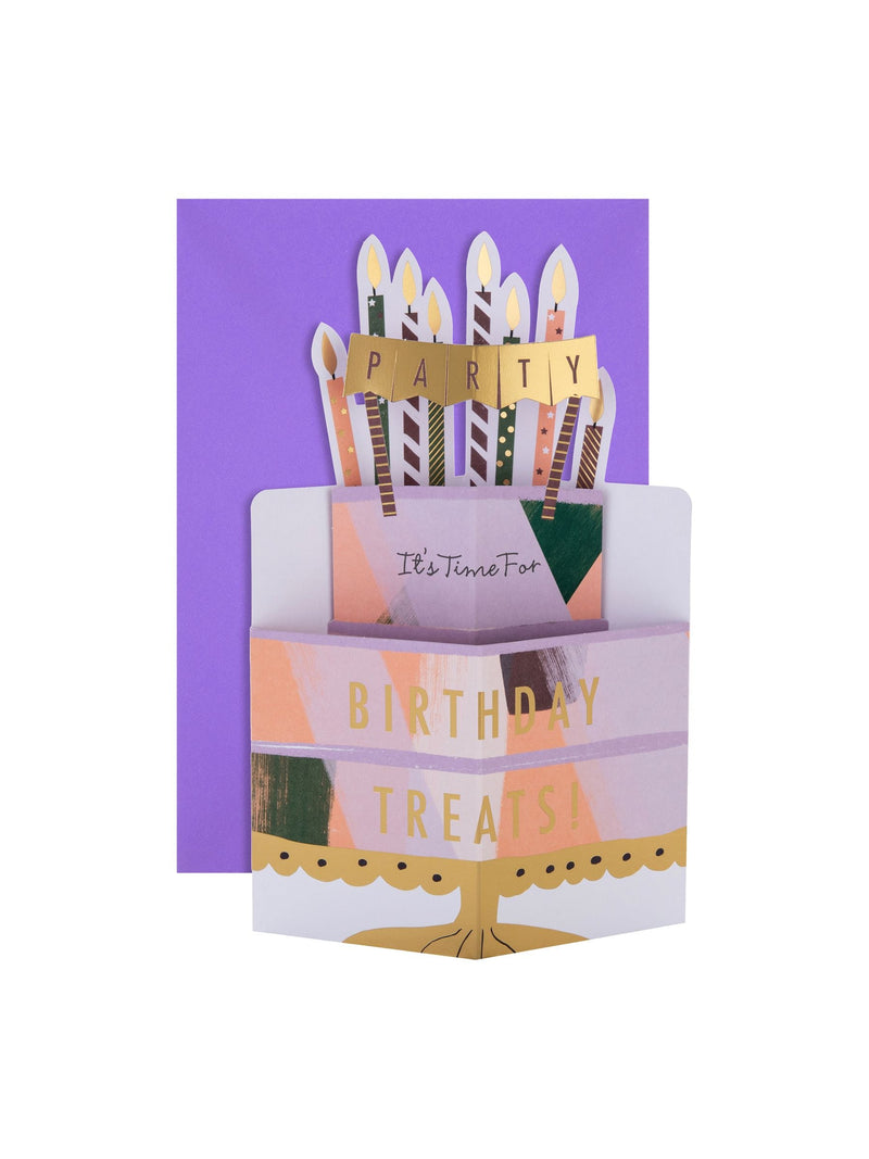 Hallmark gold birthday card 3D pop up cake and candles design, UK version