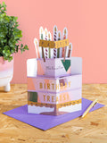 Hallmark gold birthday card 3D pop up cake and candles design, UK version