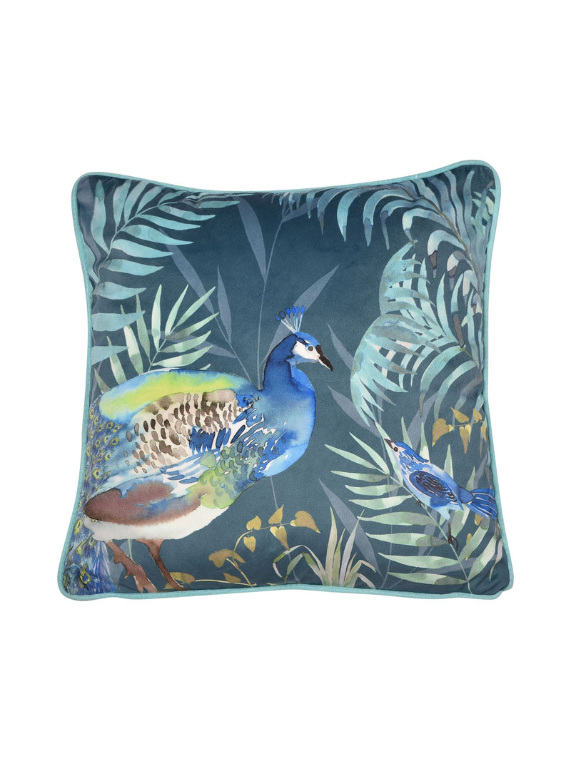 Soiree teal blue peacock velvet cushion 43cm, UK version
