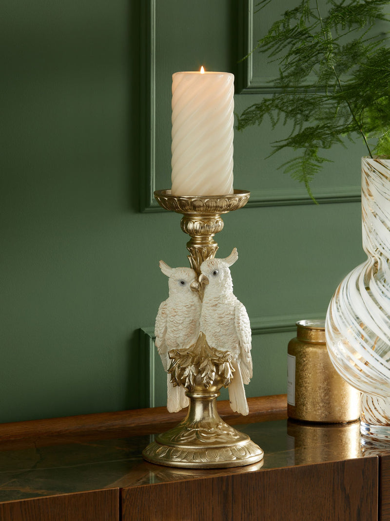 Gold cockatoo pillar candle holder 31.5cm height 14.5cm diameter, UK version