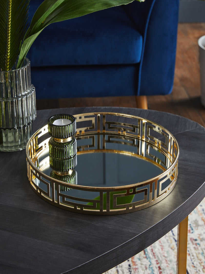 Gold Grosvenor mirror tray with gold finish and mirrored base, 30.5cm diameter, UK version