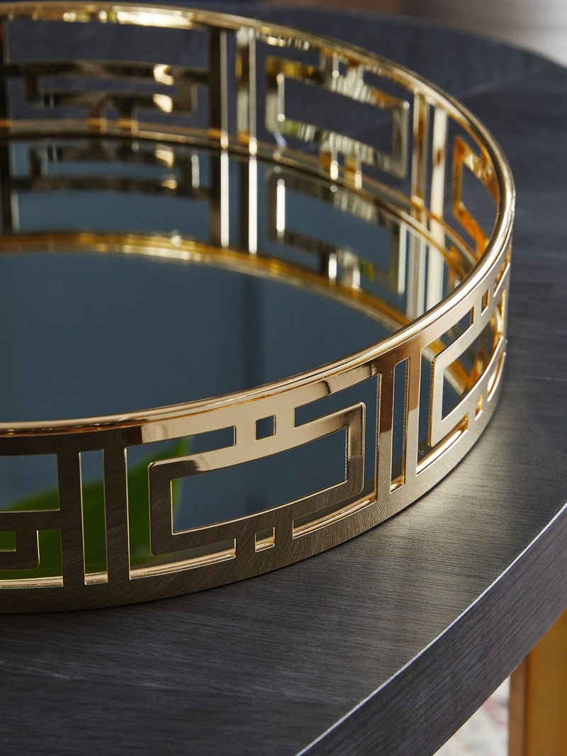 Gold Grosvenor mirror tray with gold finish and mirrored base, 30.5cm diameter, UK version