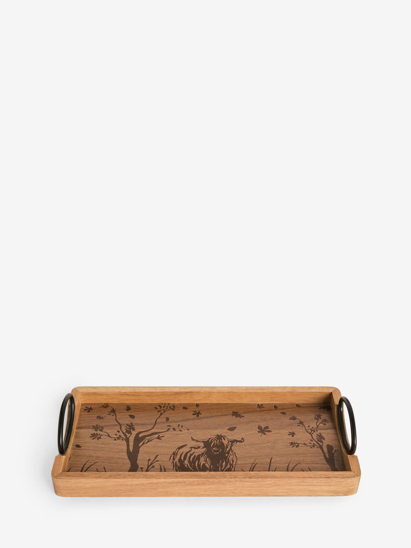 Wood engraved Hamish tray with Highland cow design (British brand)
