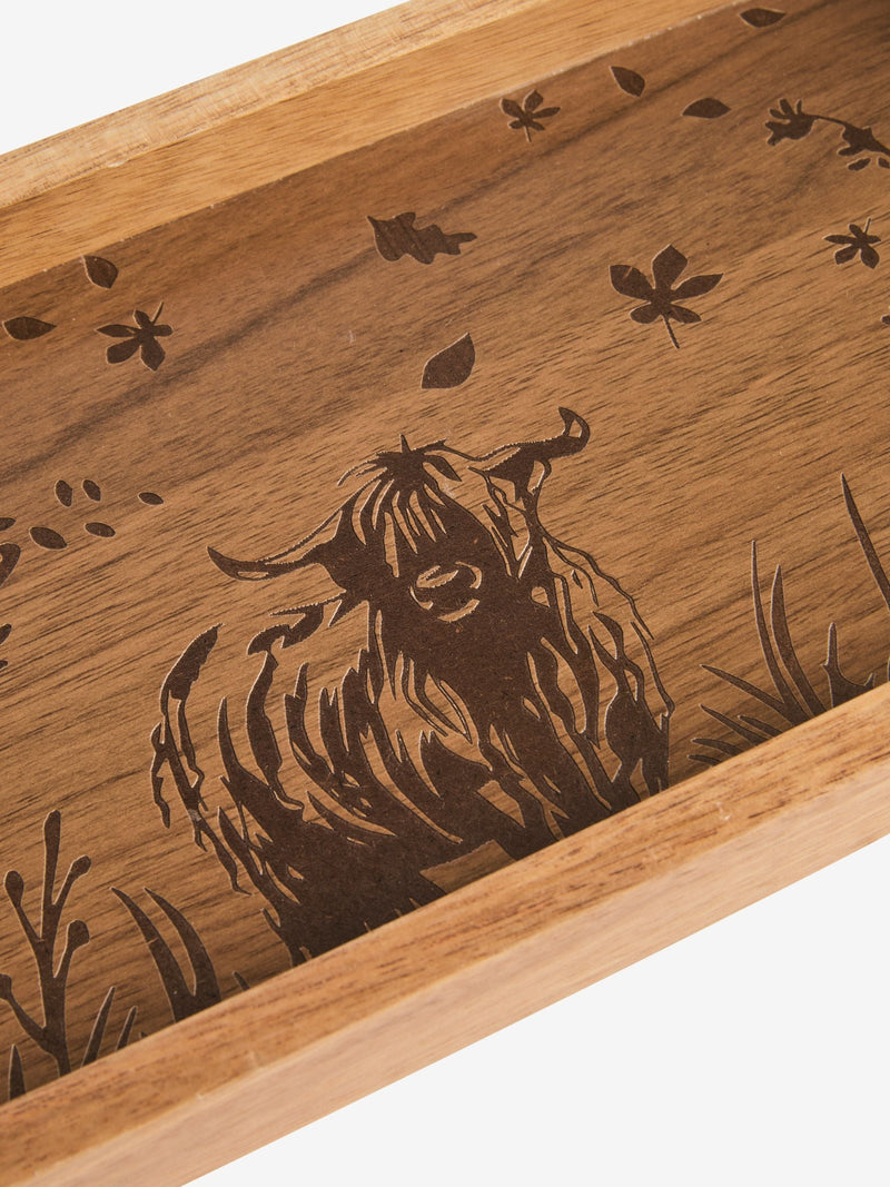 Wood engraved Hamish tray with Highland cow design (British brand)