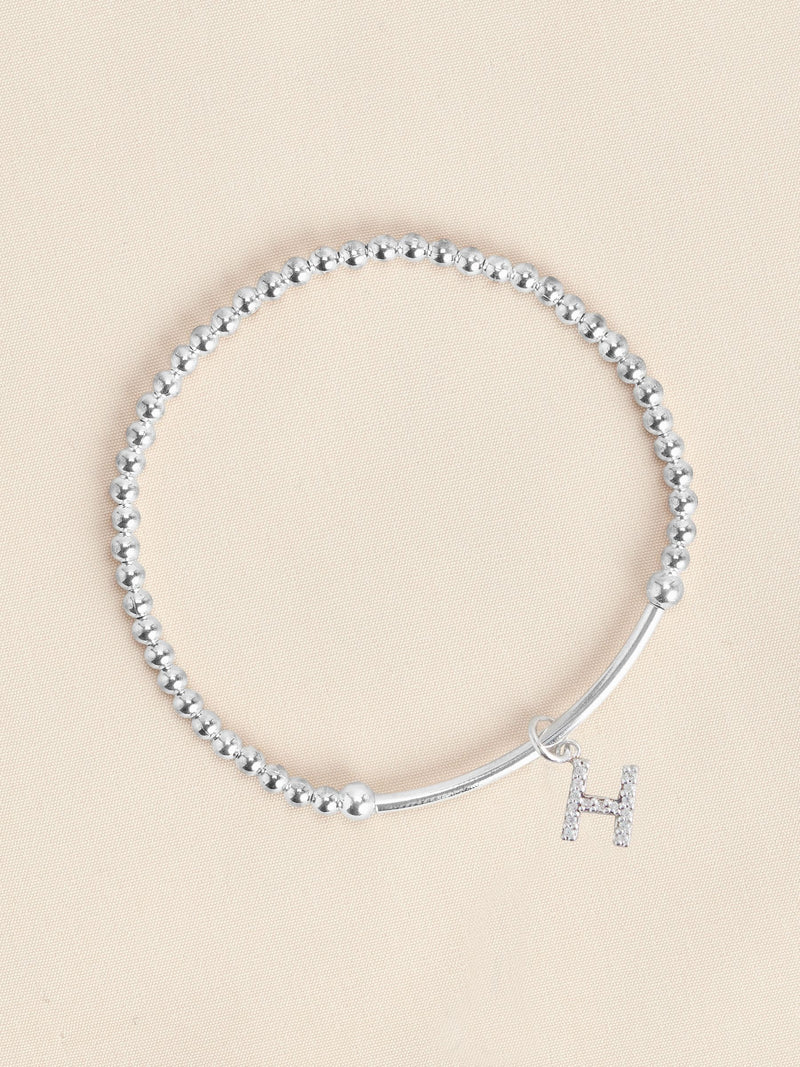 Sterling silver initial cubic zirconia beaded stretch bracelet (British brand)