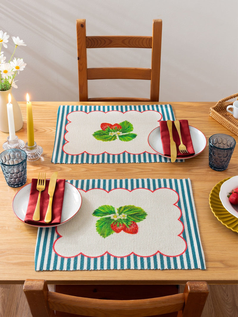 Wylder Blue Strawberry Stripes placemats 46x36cm set of 4 (British brand)