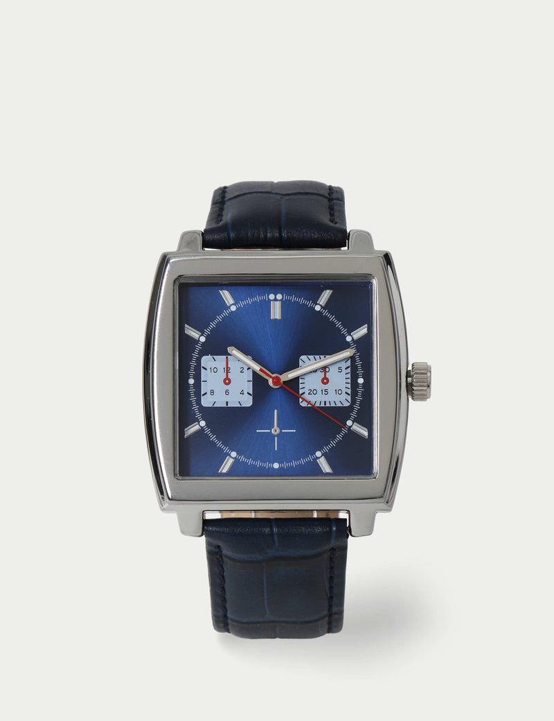 Navy red square watch with leather buckle fastening, UK version