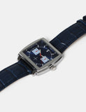 Navy red square watch with leather buckle fastening, UK version