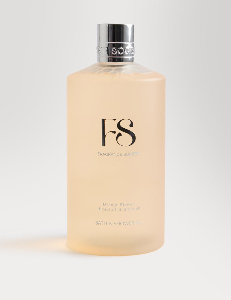Fragrance Society Orange Flower, Hyacinth & Bluebell bath and shower gel 500ml, imported from the UK