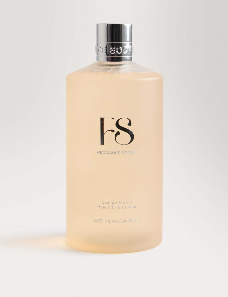 Fragrance Society Orange Flower, Hyacinth & Bluebell bath and shower gel 500ml, imported from the UK
