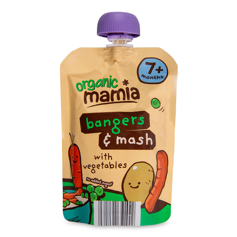 Organic bangers and mash with vegetables baby food pouch (British brand)